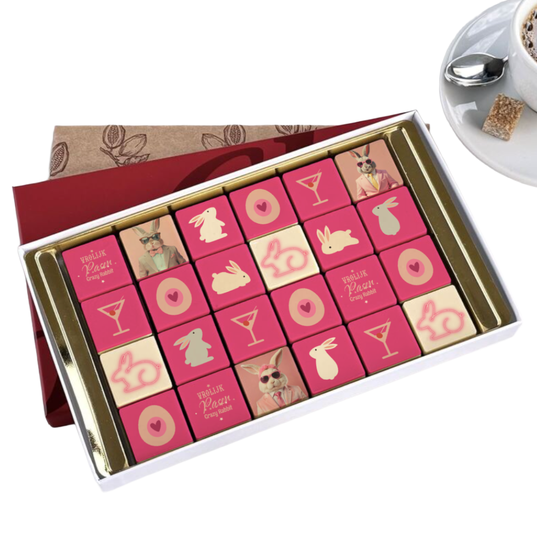 wenskaart van chocolade met 24 chocolade blokjes in Pasen thema. Tasty Present
