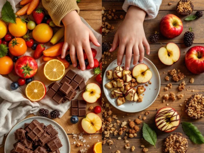 Kind duwt groenten weg en grijpt naar chocolade snacks op houten keukentafel met gezonde alternatieven